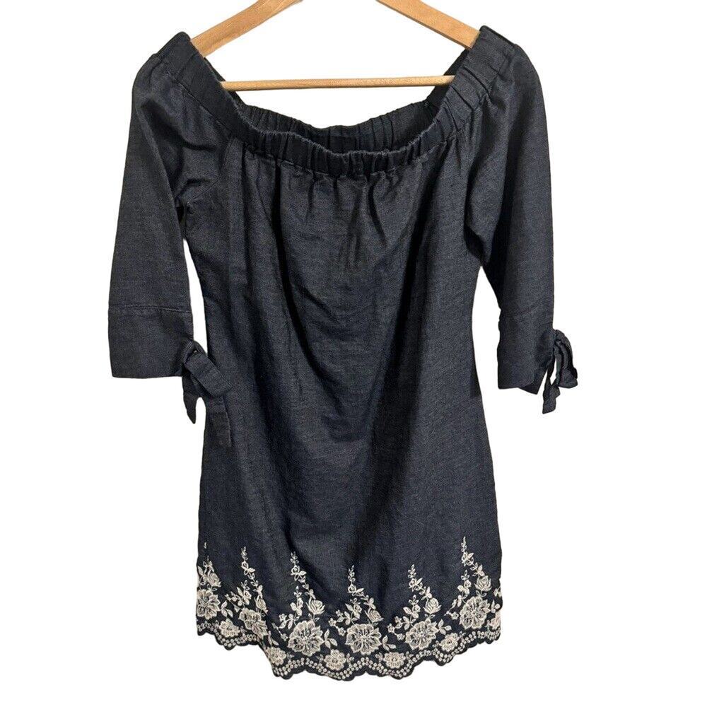 Jessica Howard Off‎ Shoulder Denim Chambray Floral Embroidered Dress Women's 6